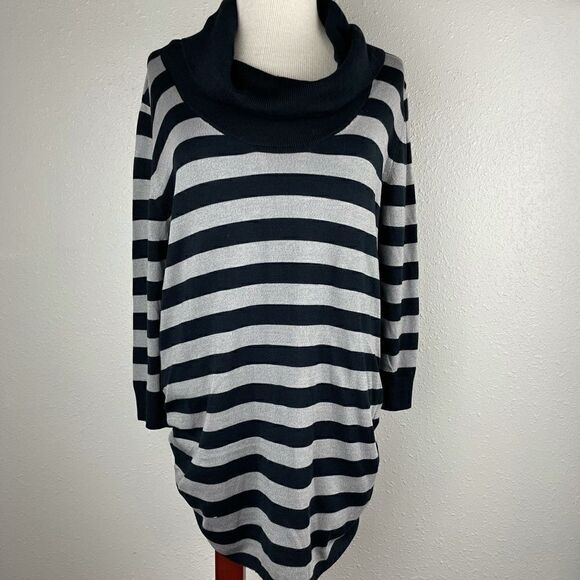 August Silk Black and Gray Striped Cowl Neck Sweater Size M EUC - Picture 1 of 8
